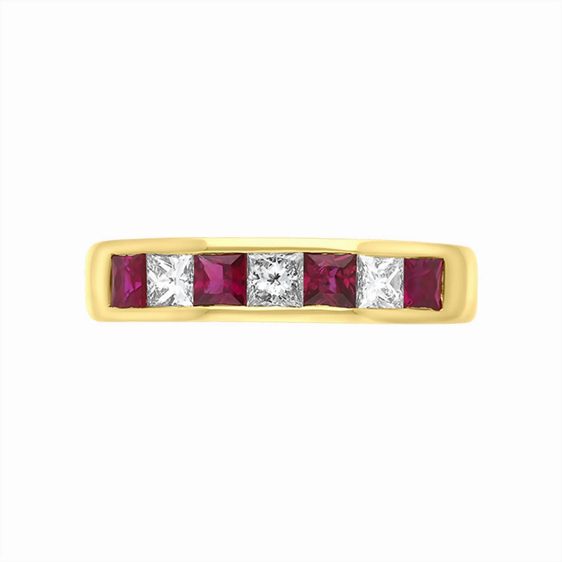 18ct Yellow Gold Ruby Diamond Seven Stone Princess Cut Channel Set Ring