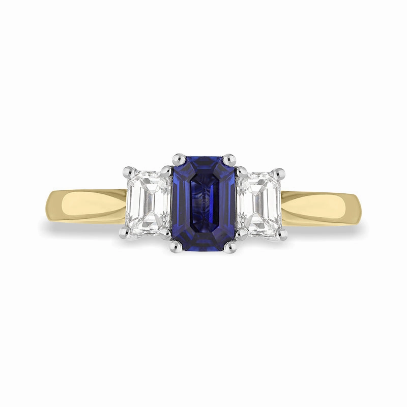 18ct Yellow Gold Sapphire Diamond Emerald Cut Three Stone Ring