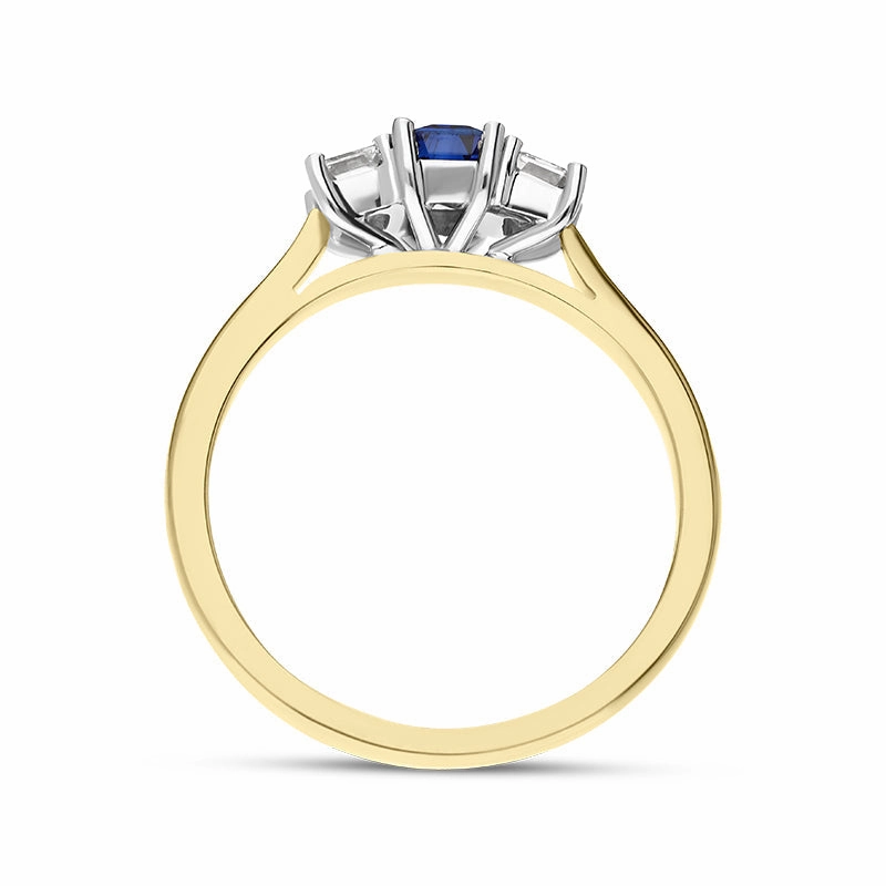 18ct Yellow Gold Sapphire Diamond Emerald Cut Three Stone Ring