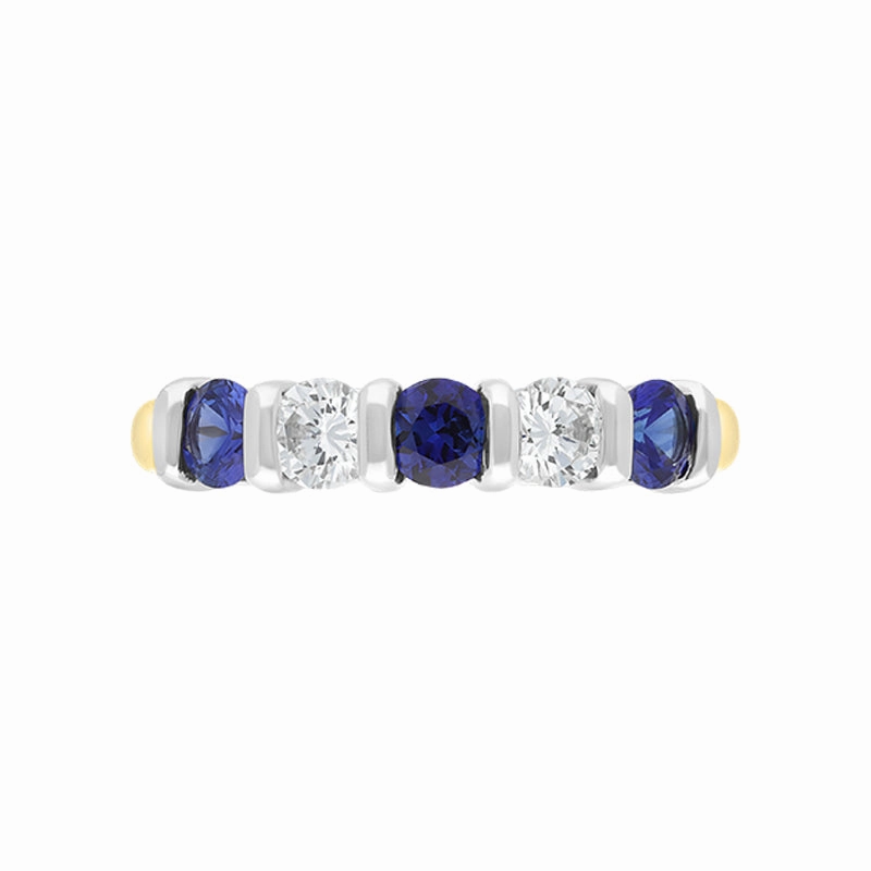 18ct Yellow Gold Sapphire Diamond Five Stone Bar Set Half Eternity Ring