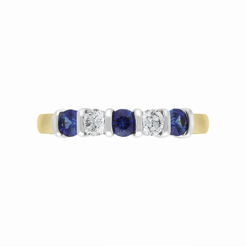 18ct Yellow Gold Sapphire Diamond Five Stone Bar Set Half Eternity Ring