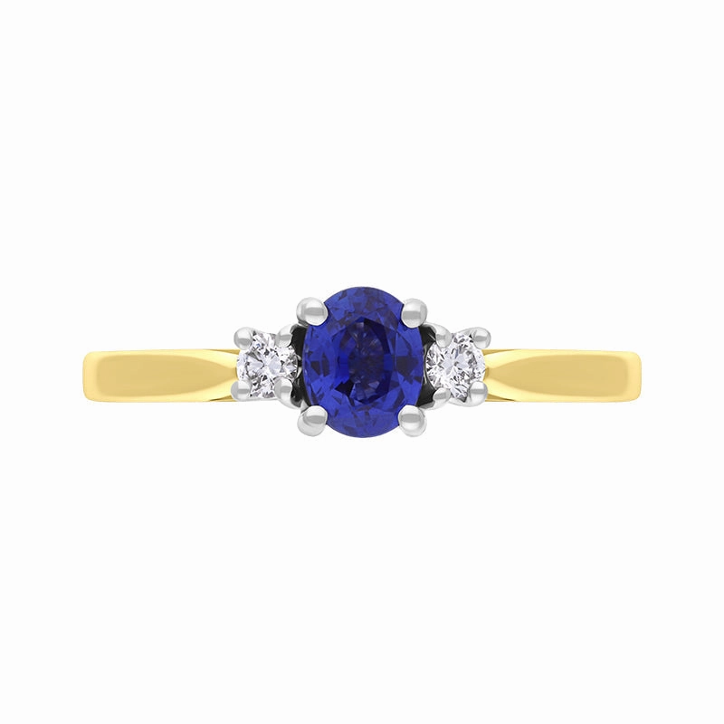 18ct Yellow Gold Sapphire Diamond Oval Cut Three Stone Ring