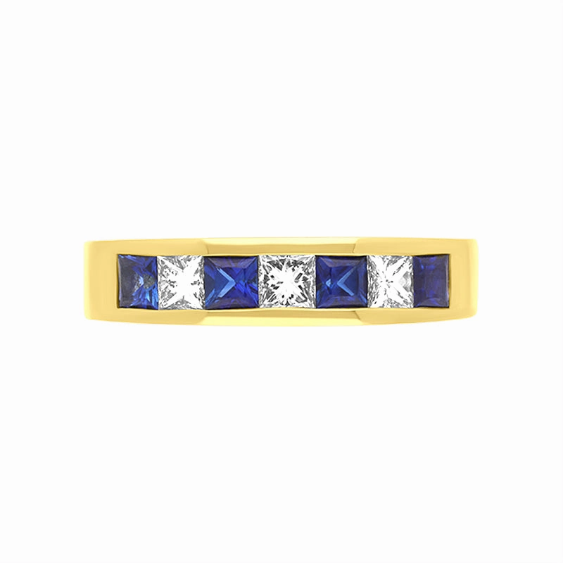 18ct Yellow Gold Sapphire Diamond Princess Cut Channel Set Half Eternity Ring