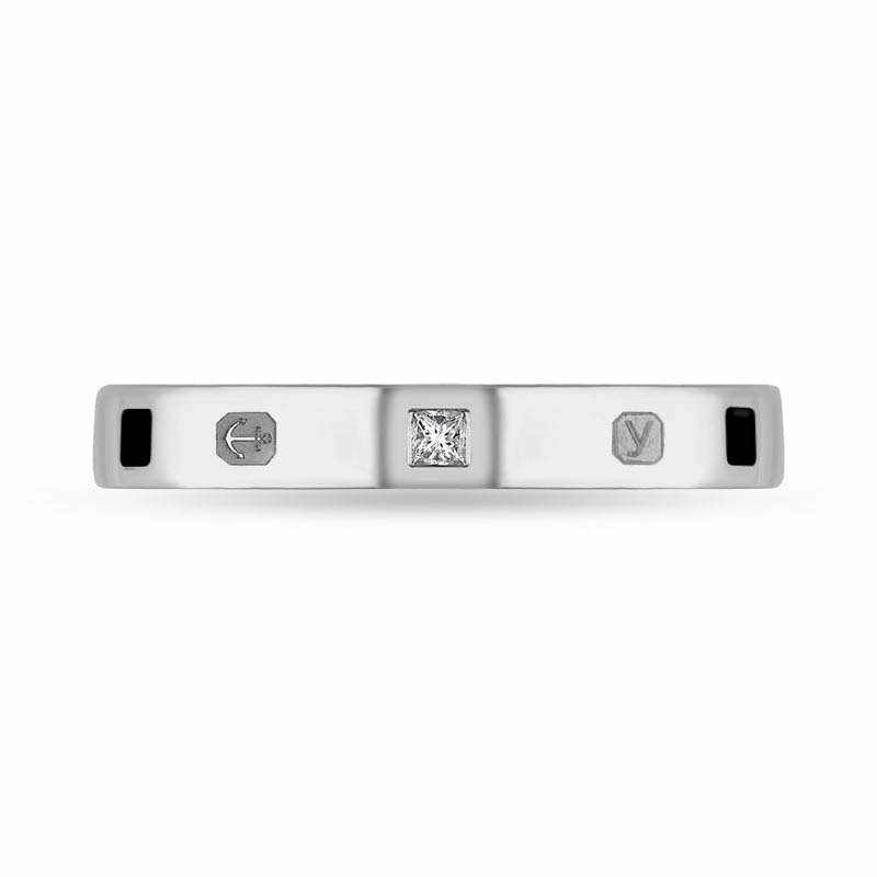9ct White Gold 0.05ct Diamond Whitby Jet King's Coronation Hallmark Princess Cut 3mm Ring D