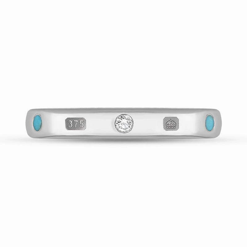 9ct White Gold 0.06ct Diamond Turquoise King's Coronation Hallmark 3mm Ring D