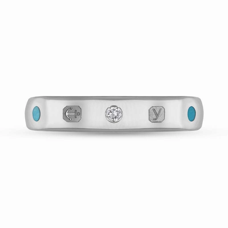 9ct White Gold 0.08ct Diamond Turquoise King's Coronation Hallmark 4mm Ring D