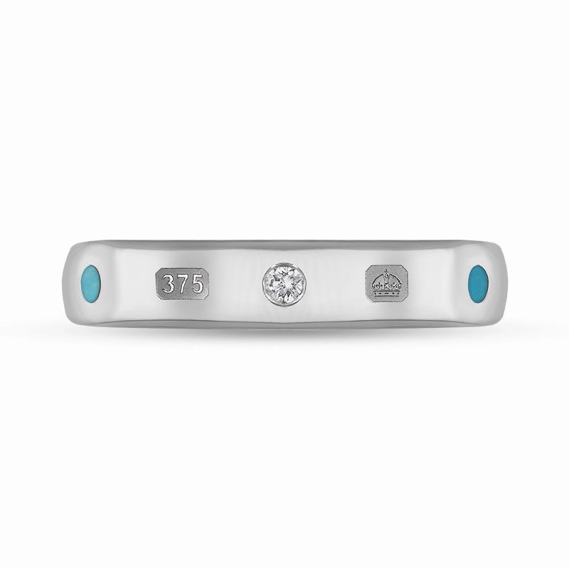 9ct White Gold 0.08ct Diamond Turquoise King's Coronation Hallmark 4mm Ring D