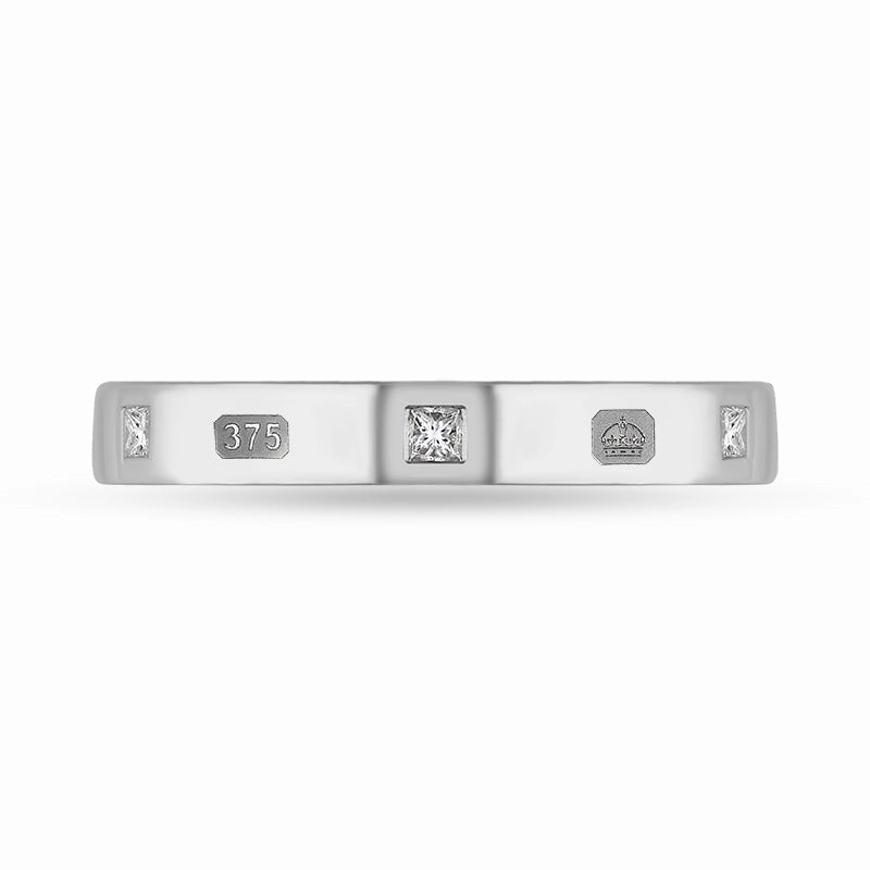 9ct White Gold 0.09ct Diamond King's Coronation Hallmark Princess Cut 3mm Ring D