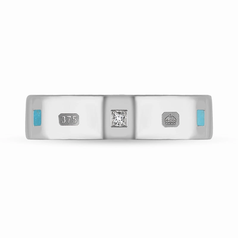 9ct White Gold 0.12ct Diamond Turquoise King's Coronation Hallmark Princess Cut 5mm Ring D