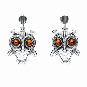 9ct White Gold Amber Orange Owl Stud Earrings