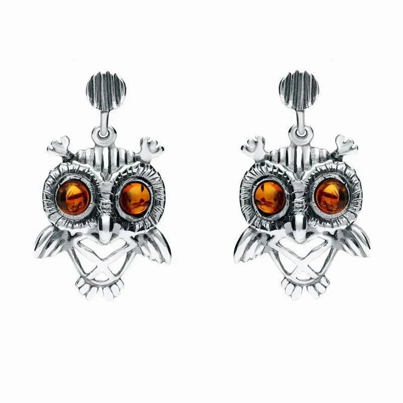 9ct White Gold Amber Orange Owl Stud Earrings