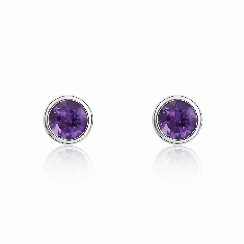 9ct White Gold Amethyst 3mm Round Rub Over Set Stud Earrings