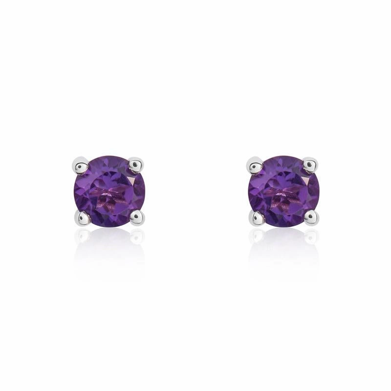 9ct White Gold Amethyst 4mm Round Claw Set Stud Earrings