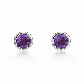 9ct White Gold Amethyst 4mm Round Rub Over Set Stud Earrings