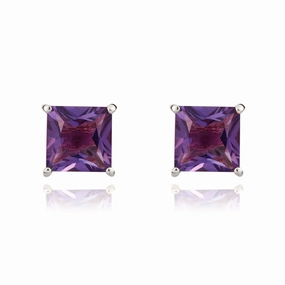 9ct White Gold Amethyst 5mm Princess Cut Claw Set Stud Earrings D