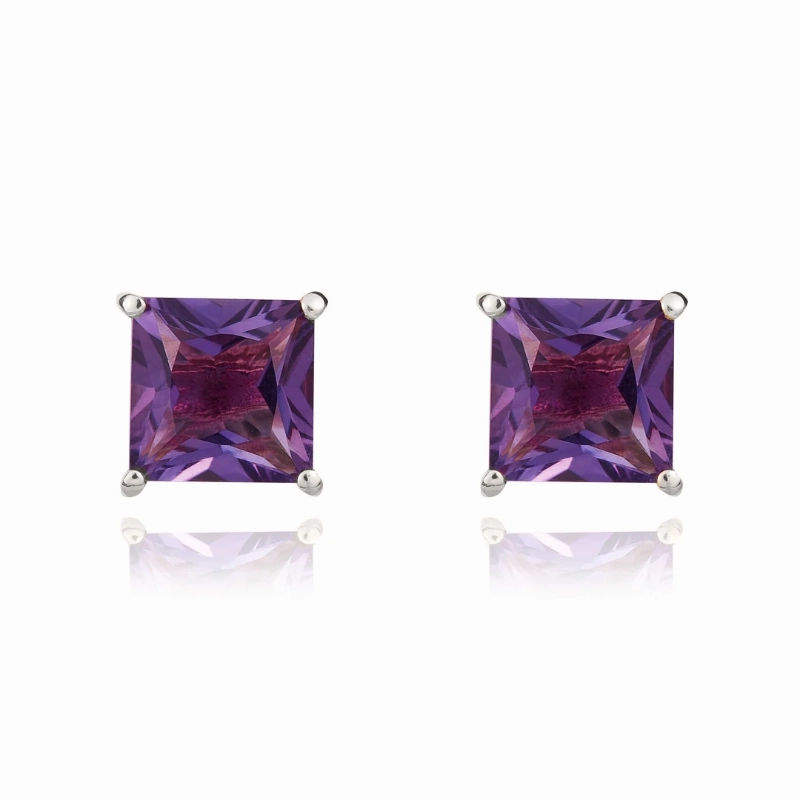 9ct White Gold Amethyst 5mm Princess Cut Claw Set Stud Earrings D