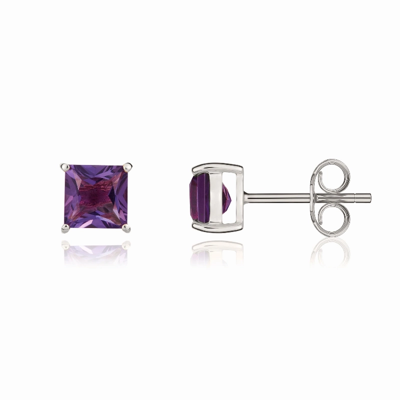 9ct White Gold Amethyst 5mm Princess Cut Claw Set Stud Earrings D