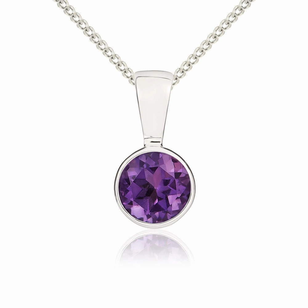 9ct White Gold Amethyst 5mm Round Rub Over Set Necklace