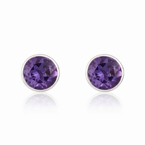 9ct White Gold Amethyst 5mm Round Rub Over Set Stud Earrings