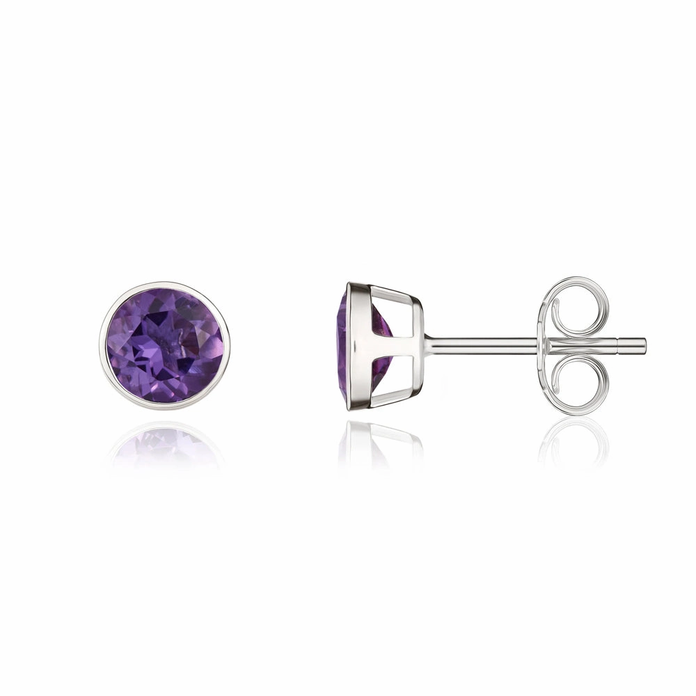 9ct White Gold Amethyst 5mm Round Rub Over Set Stud Earrings