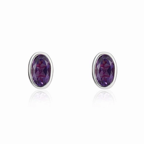 9ct White Gold Amethyst 5x3mm Oval Rub Over Set Stud Earrings
