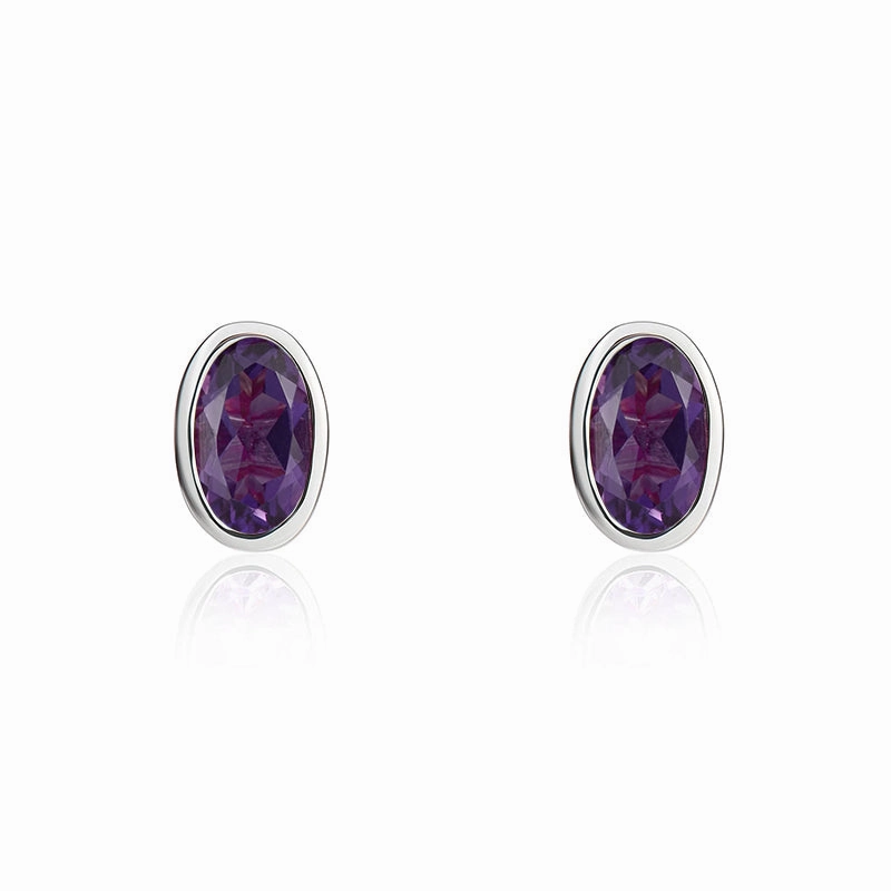 9ct White Gold Amethyst 5x3mm Oval Rub Over Set Stud Earrings