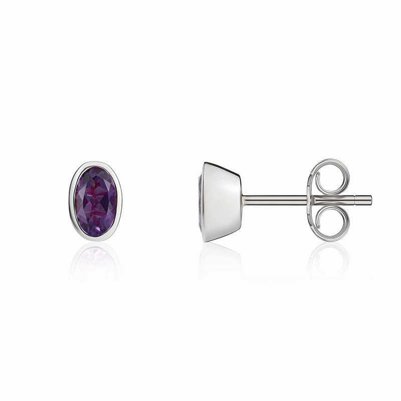 9ct White Gold Amethyst 5x3mm Oval Rub Over Set Stud Earrings
