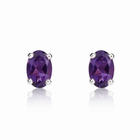 9ct White Gold Amethyst 6x4mm Oval Claw Set Stud Earrings