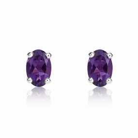 9ct White Gold Amethyst 6x4mm Oval Claw Set Stud Earrings