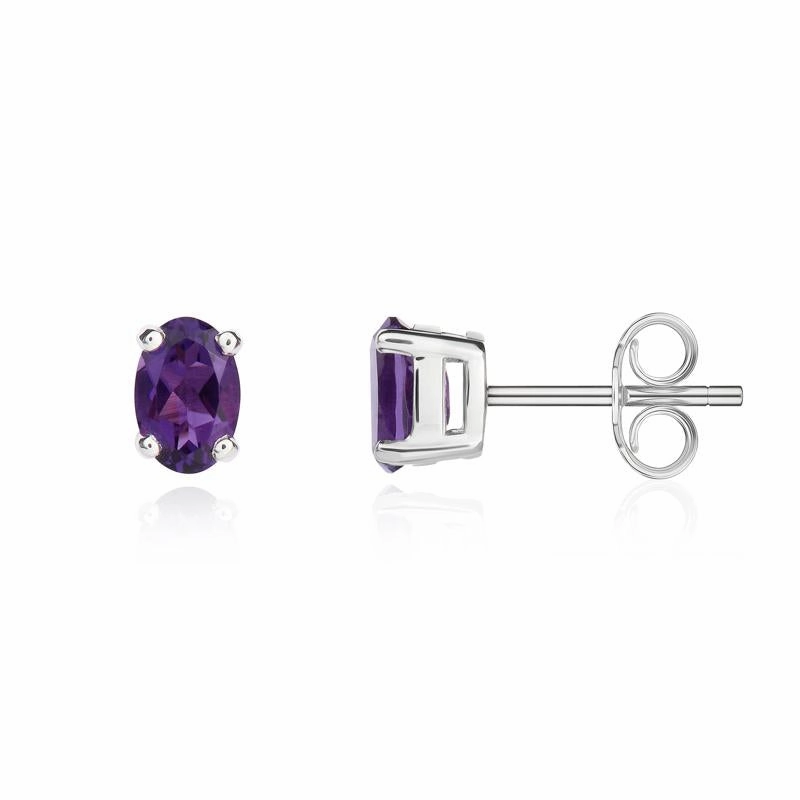 9ct White Gold Amethyst 6x4mm Oval Claw Set Stud Earrings
