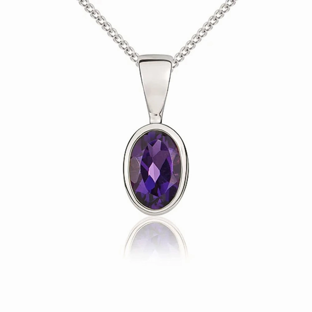 9ct White Gold Amethyst 6x4mm Oval Rub Over Set Pendant