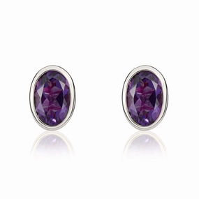 9ct White Gold Amethyst 6x4mm Oval Rub Over Set Stud Earrings