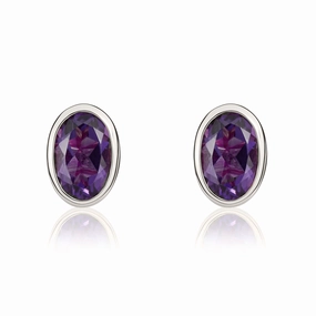 9ct White Gold Amethyst 6x4mm Oval Rub Over Set Stud Earrings