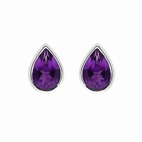 9ct White Gold Amethyst 6x4mm Pear Rub Over Set Stud Earrings