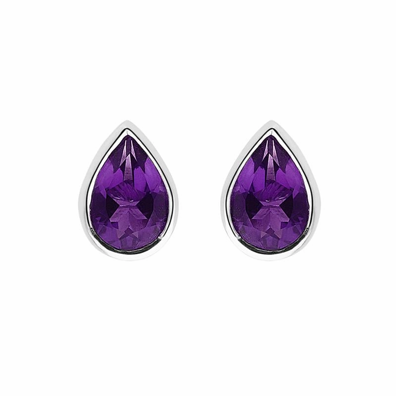 9ct White Gold Amethyst 6x4mm Pear Rub Over Set Stud Earrings
