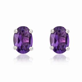 9ct White Gold Amethyst 7x5mm Oval Claw Set Stud Earrings