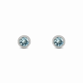 9ct White Gold Aquamarine 3mm Round Rub Over Set Stud Earrings