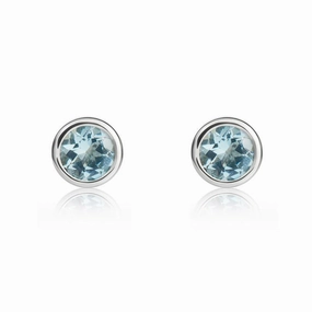 9ct White Gold Aquamarine 4mm Round Rub Over Set Stud Earrings