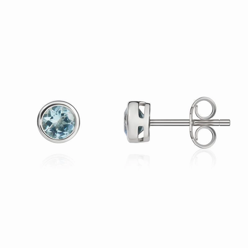 9ct White Gold Aquamarine 4mm Round Rub Over Set Stud Earrings
