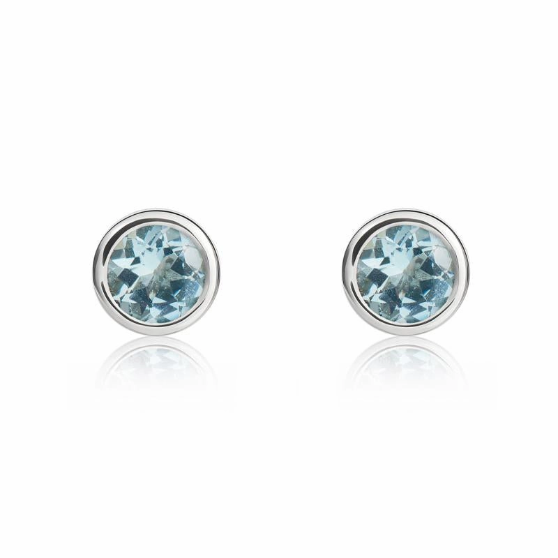 9ct White Gold Aquamarine 4mm Round Rub Over Set Stud Earrings
