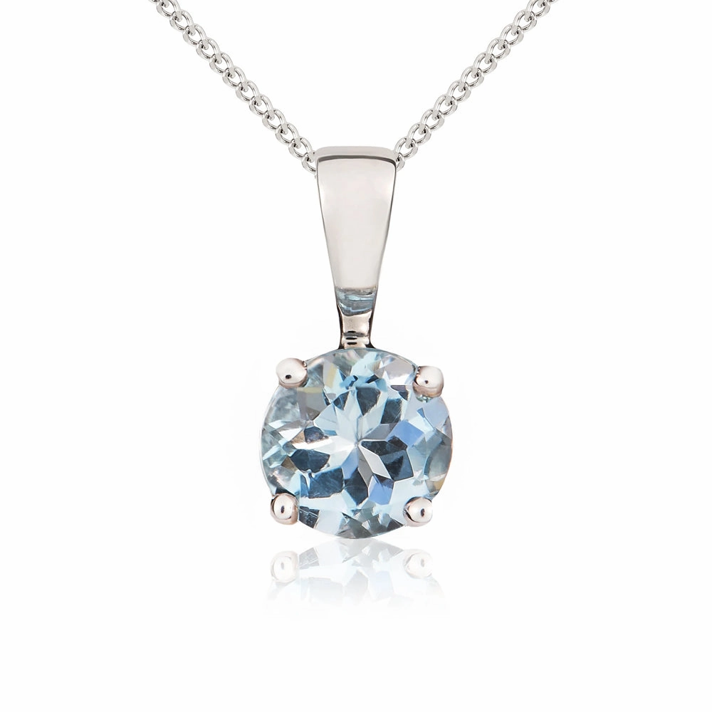 9ct White Gold Aquamarine 5mm Round Claw Set Necklace