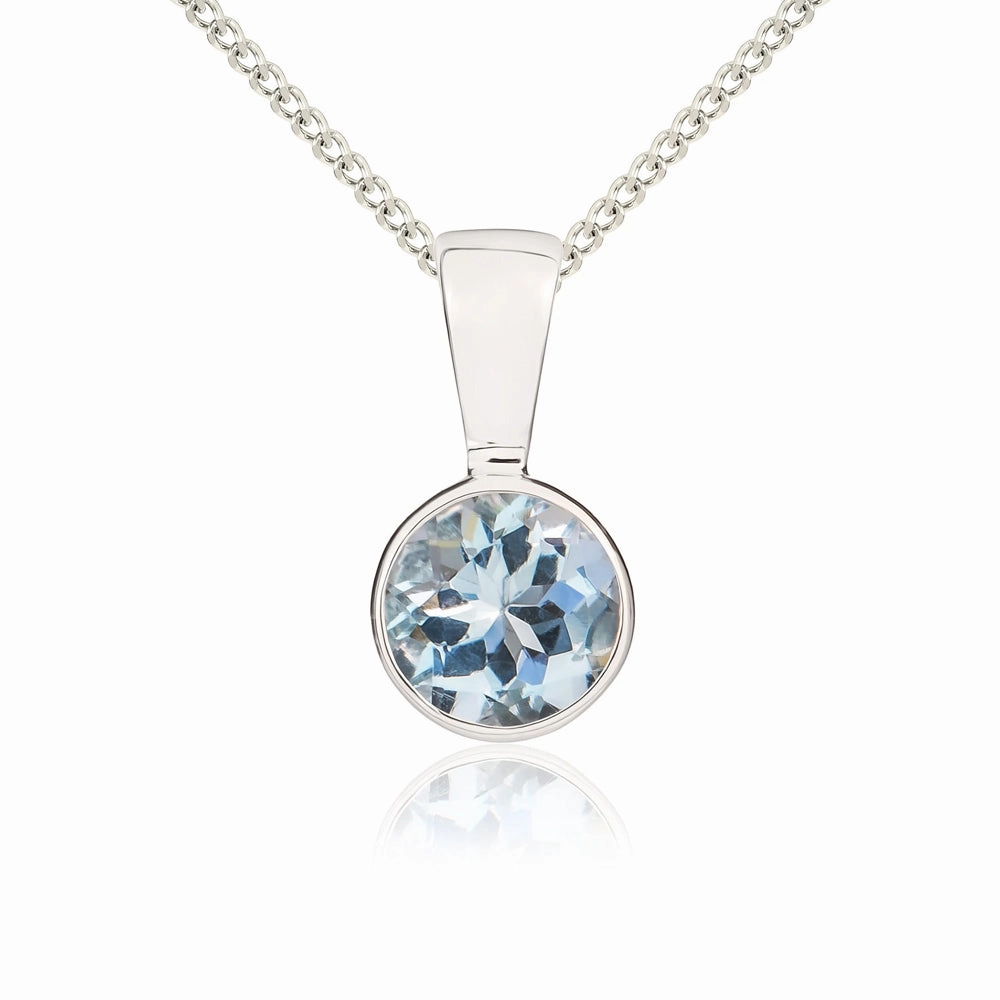 9ct White Gold Aquamarine 5mm Round Rub Over Set Necklace