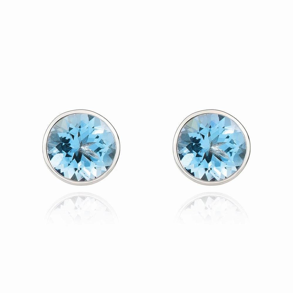 9ct White Gold Aquamarine 5mm Round Rub Over Set Stud Earrings