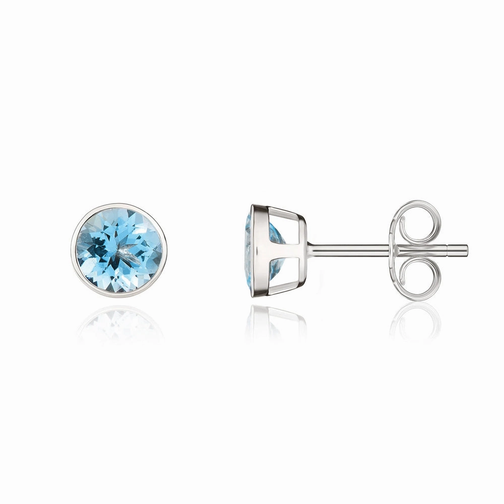 9ct White Gold Aquamarine 5mm Round Rub Over Set Stud Earrings