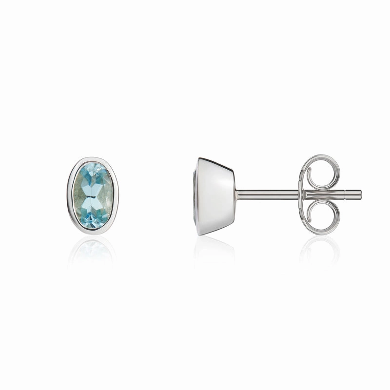 9ct White Gold Aquamarine 5x3mm Oval Rub Over Set Stud Earrings