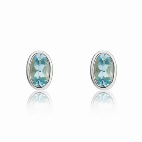 9ct White Gold Aquamarine 5x3mm Oval Rub Over Set Stud Earrings