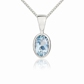 9ct White Gold Aquamarine 6x4mm Oval Rub Over Set Pendant