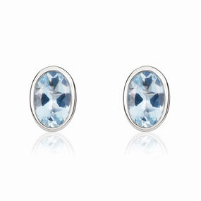 9ct White Gold Aquamarine 6x4mm Oval Rub Over Set Stud Earrings