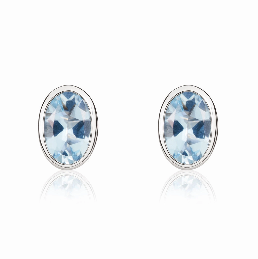 9ct White Gold Aquamarine 6x4mm Oval Rub Over Set Stud Earrings