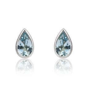 9ct White Gold Aquamarine 6x4mm Pear Rub Over Set Stud Earrings